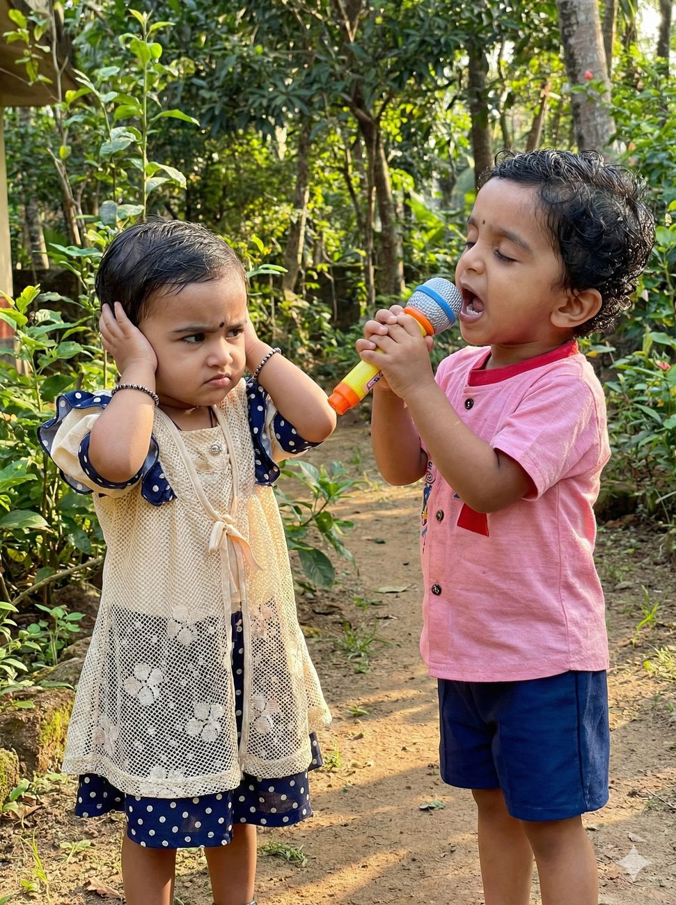Imagined picture of the two of us as children, the boy singing into a toy microphone while the girl covers her ears