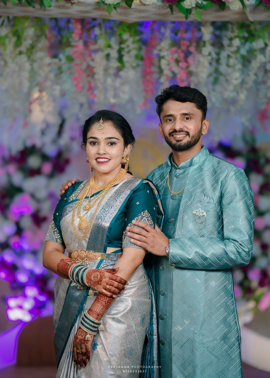 Manisha in a silk saree and Pawan in a sherwani at their engagement